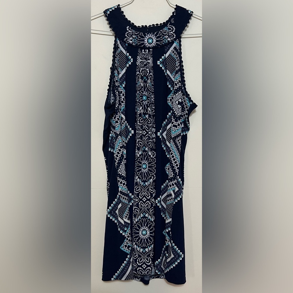 Three Pink Hearts blue/white sleeveless halter top boho geometric dress. Large